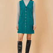 Yumi Teal Cord Button Through Pinafore Dress with Pockets