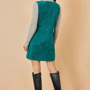 Yumi Teal Cord Button Through Pinafore Dress with Pockets
