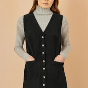 Yumi Black Cord Button Through Pinafore Dress with Pockets