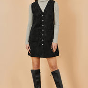Yumi Black Cord Button Through Pinafore Dress with Pockets