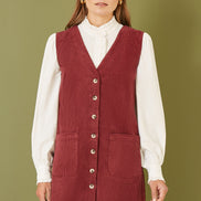 Yumi Burgundy Cord Button Through Pinafore Dress with Pockets