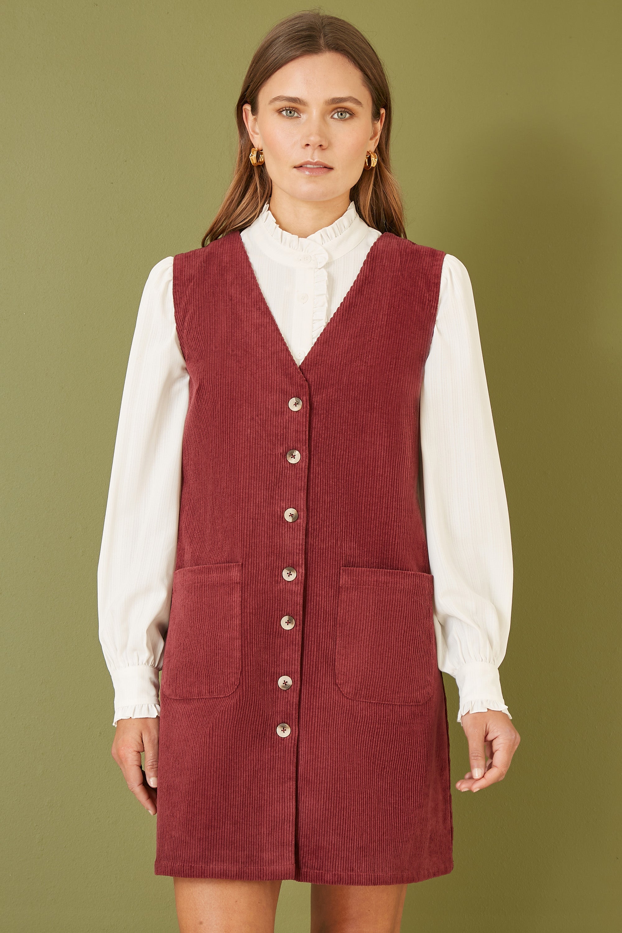 Yumi Burgundy Cord Button Through Pinafore Dress with Pockets