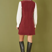 Yumi Burgundy Cord Button Through Pinafore Dress with Pockets
