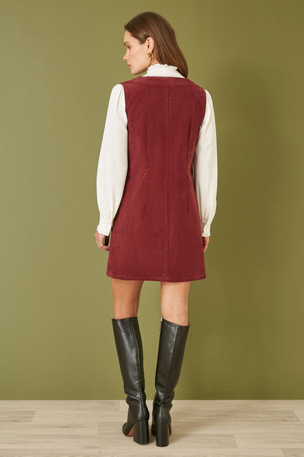 Yumi Burgundy Cord Button Through Pinafore Dress with Pockets