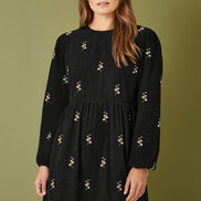 Yumi Black Long Sleeve Midi Dress with Floral Embroidery