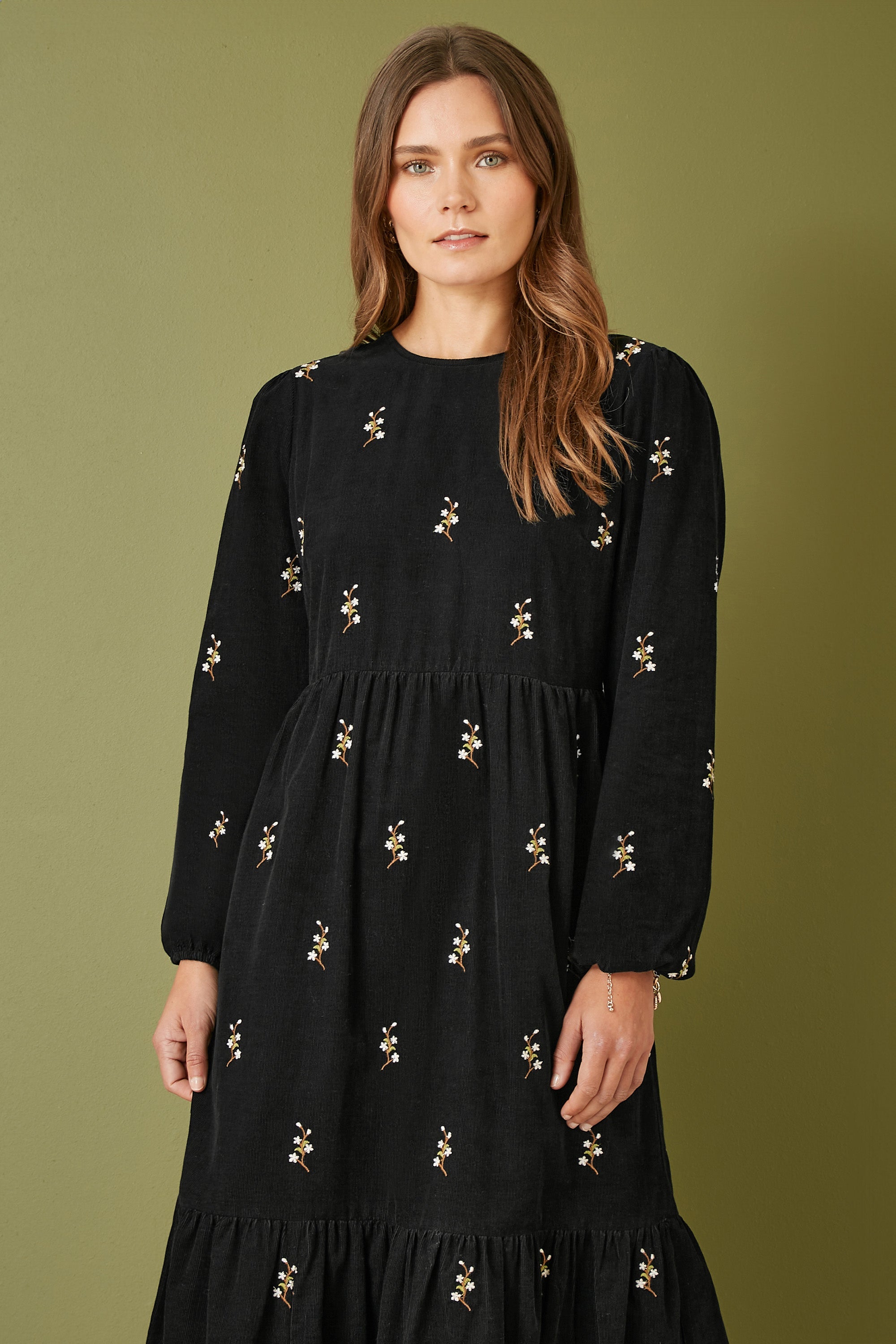 Yumi Black Long Sleeve Midi Dress with Floral Embroidery