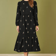 Yumi Black Long Sleeve Midi Dress with Floral Embroidery
