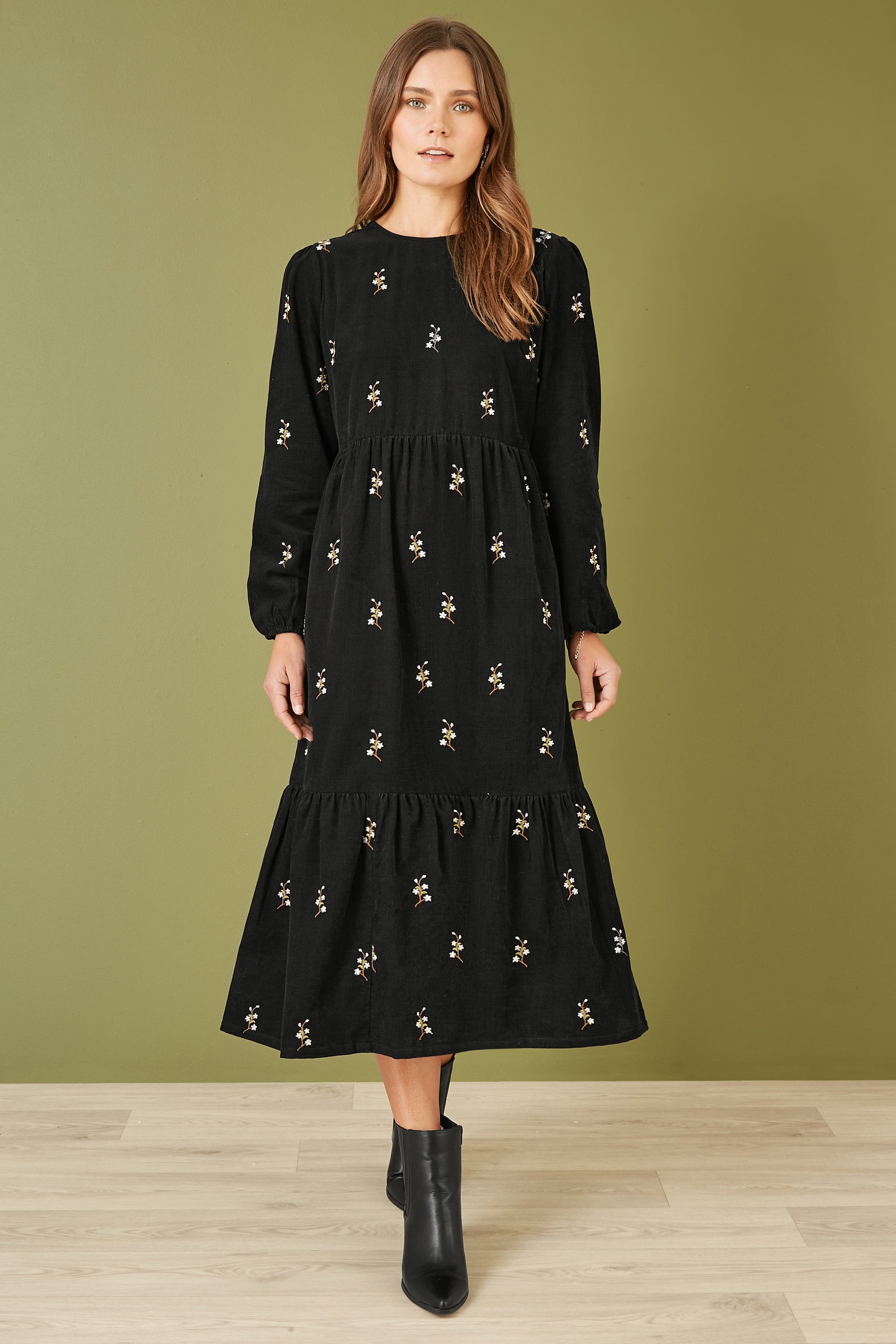 Yumi Black Long Sleeve Midi Dress with Floral Embroidery