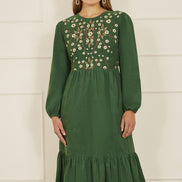 Yumi Green Long Sleeve Midi Dress with Floral Embroidery Bodice
