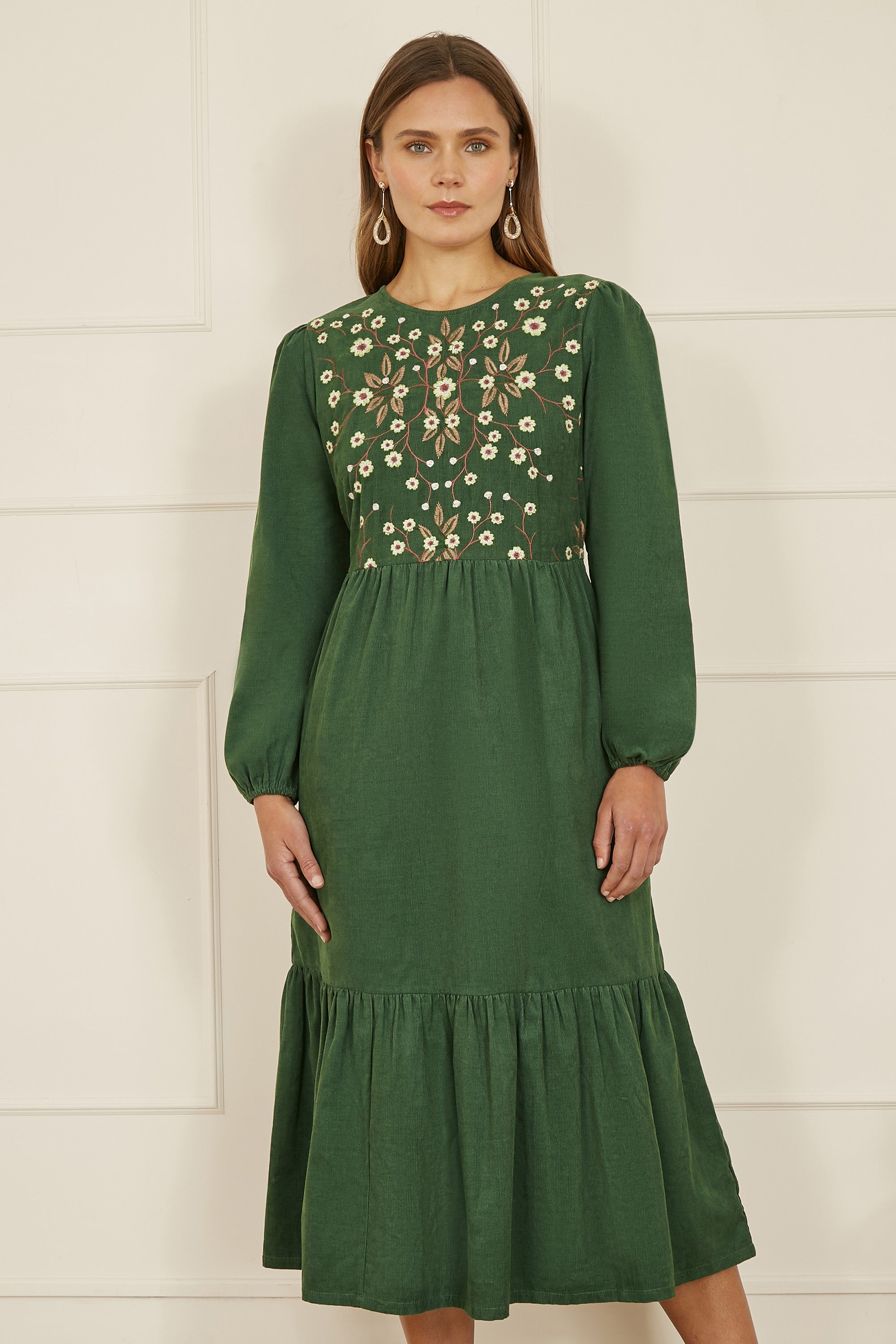 Yumi Green Long Sleeve Midi Dress with Floral Embroidery Bodice