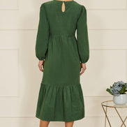Yumi Green Long Sleeve Midi Dress with Floral Embroidery Bodice