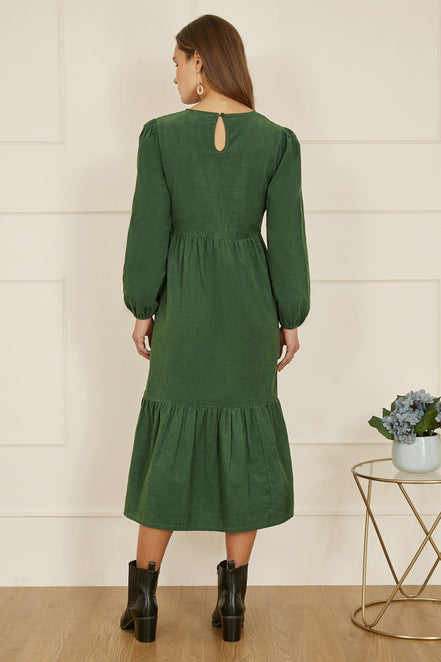 Yumi Green Long Sleeve Midi Dress with Floral Embroidery Bodice