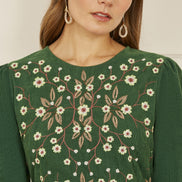 Yumi Green Long Sleeve Midi Dress with Floral Embroidery Bodice