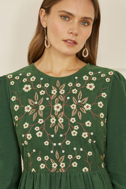 Yumi Green Long Sleeve Midi Dress with Floral Embroidery Bodice