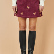 Yumi Burgundy Corduroy Embroidered Squirrel Mini Skirt