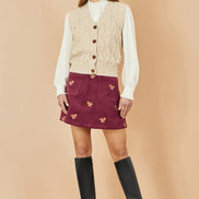 Yumi Burgundy Corduroy Embroidered Squirrel Mini Skirt