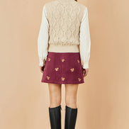 Yumi Burgundy Corduroy Embroidered Squirrel Mini Skirt