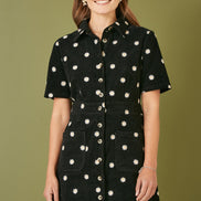Yumi Black Daisy Embroidered Cord Shirt Dress