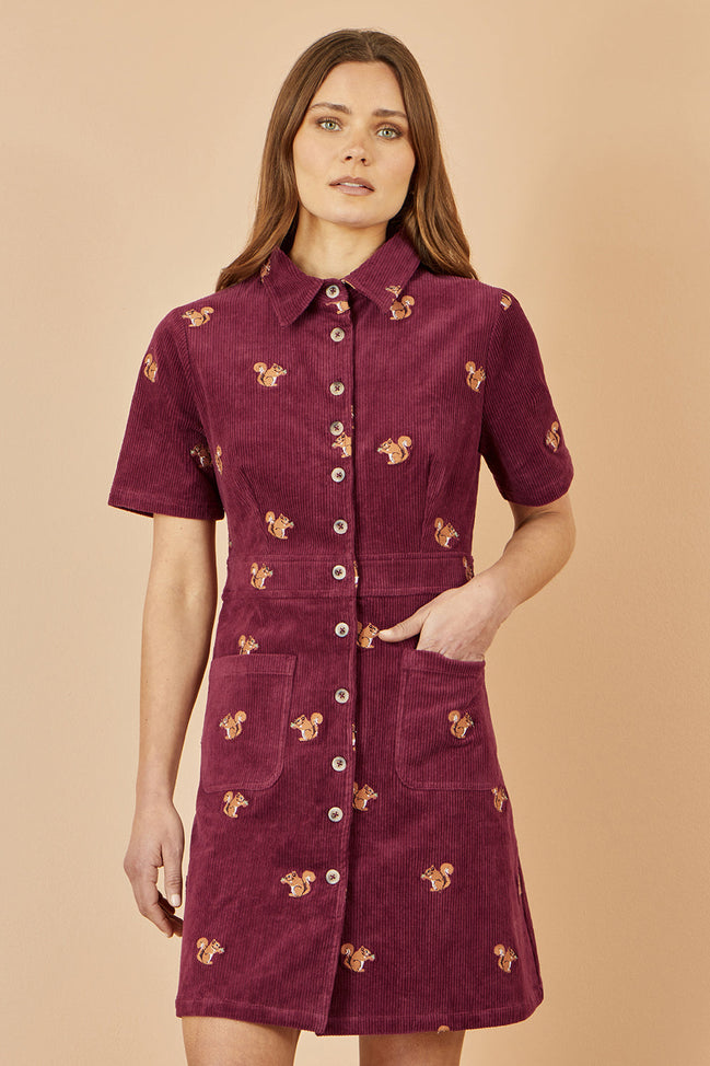 Yumi Burgundy Cord Shirt Dress with All Over Squirrel Embroidery