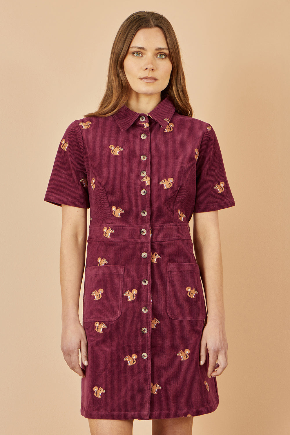 Yumi Burgundy Cord Shirt Dress with All Over Squirrel Embroidery