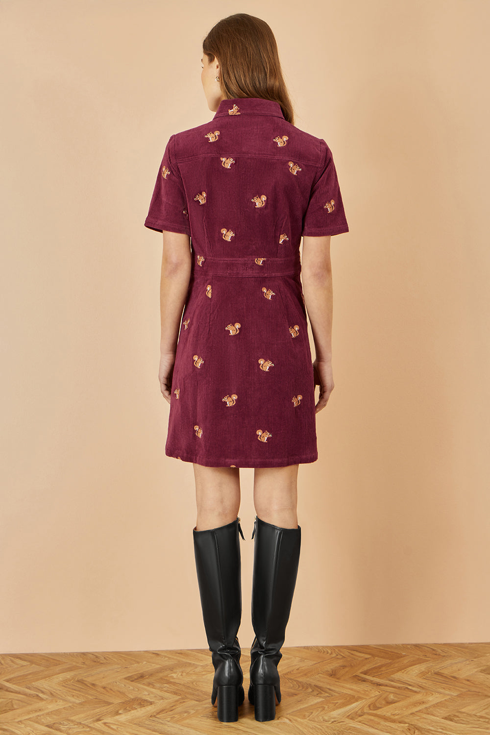 Yumi Burgundy Cord Shirt Dress with All Over Squirrel Embroidery