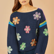 Yumi Navy Crochet Flower Jumper