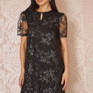 Yumi Black Sequin Embroidered Tunic Dress with Feather Trim Hemline