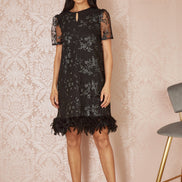 Yumi Black Sequin Embroidered Tunic Dress with Feather Trim Hemline