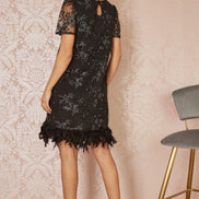 Yumi Black Sequin Embroidered Tunic Dress with Feather Trim Hemline