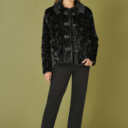 Yumi Black Luxe Textured Faux Fur Jacket with Pockets