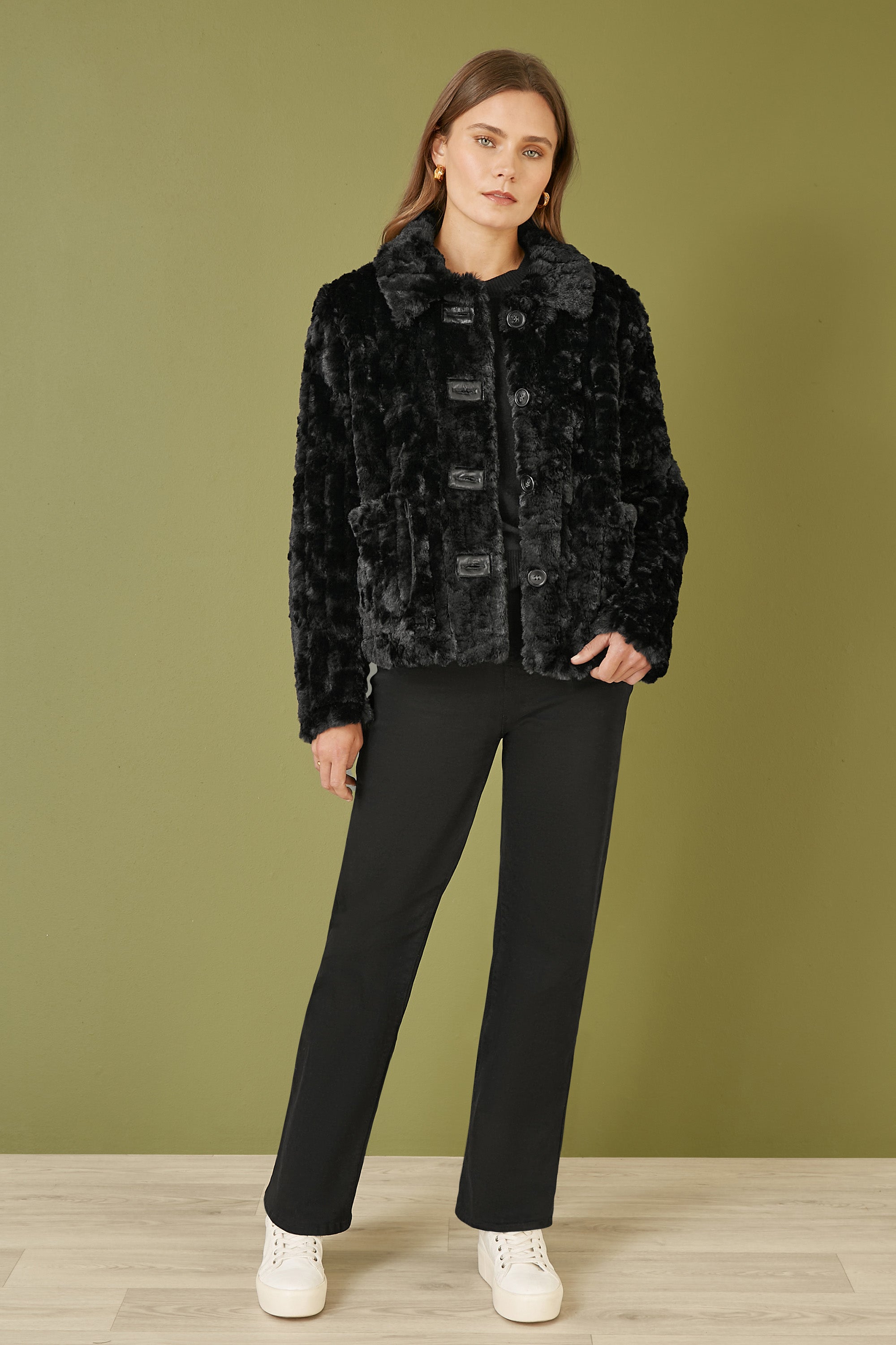 Yumi Black Luxe Textured Faux Fur Jacket with Pockets