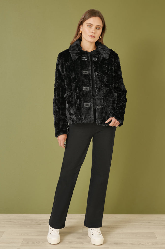 Yumi Black Luxe Textured Faux Fur Jacket with Pockets