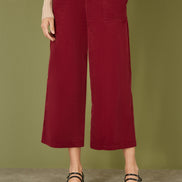 Yumi Burgundy Cord Cropped Wide Leg Trousers with Pockets