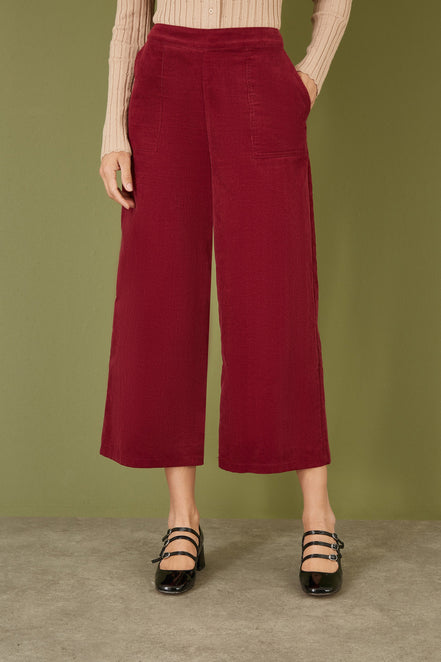 Yumi Burgundy Cord Cropped Wide Leg Trousers with Pockets