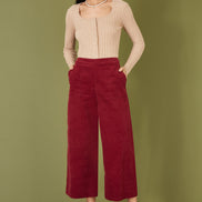 Yumi Burgundy Cord Cropped Wide Leg Trousers with Pockets