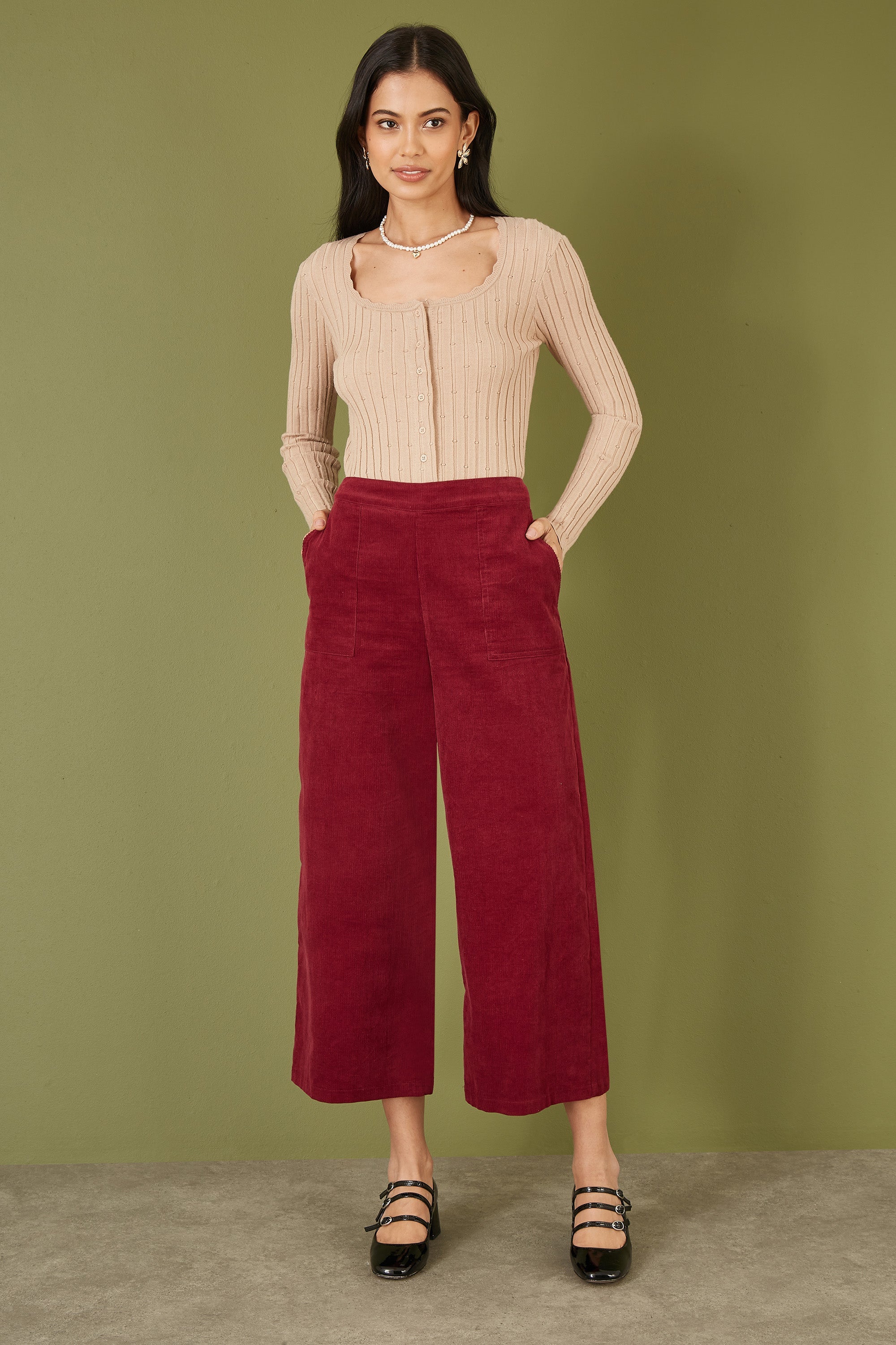 Yumi Burgundy Cord Cropped Wide Leg Trousers with Pockets