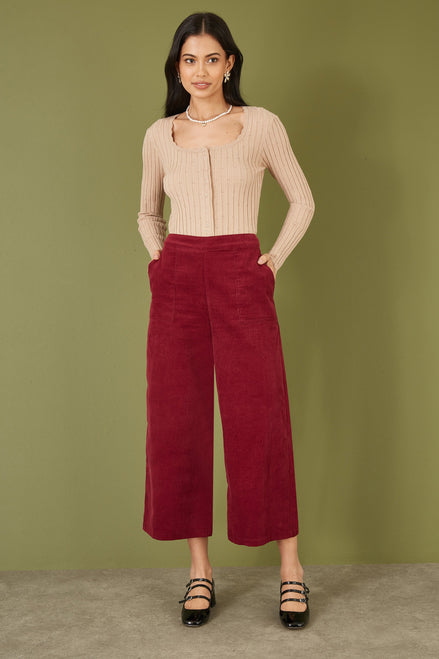 Yumi Burgundy Cord Cropped Wide Leg Trousers with Pockets