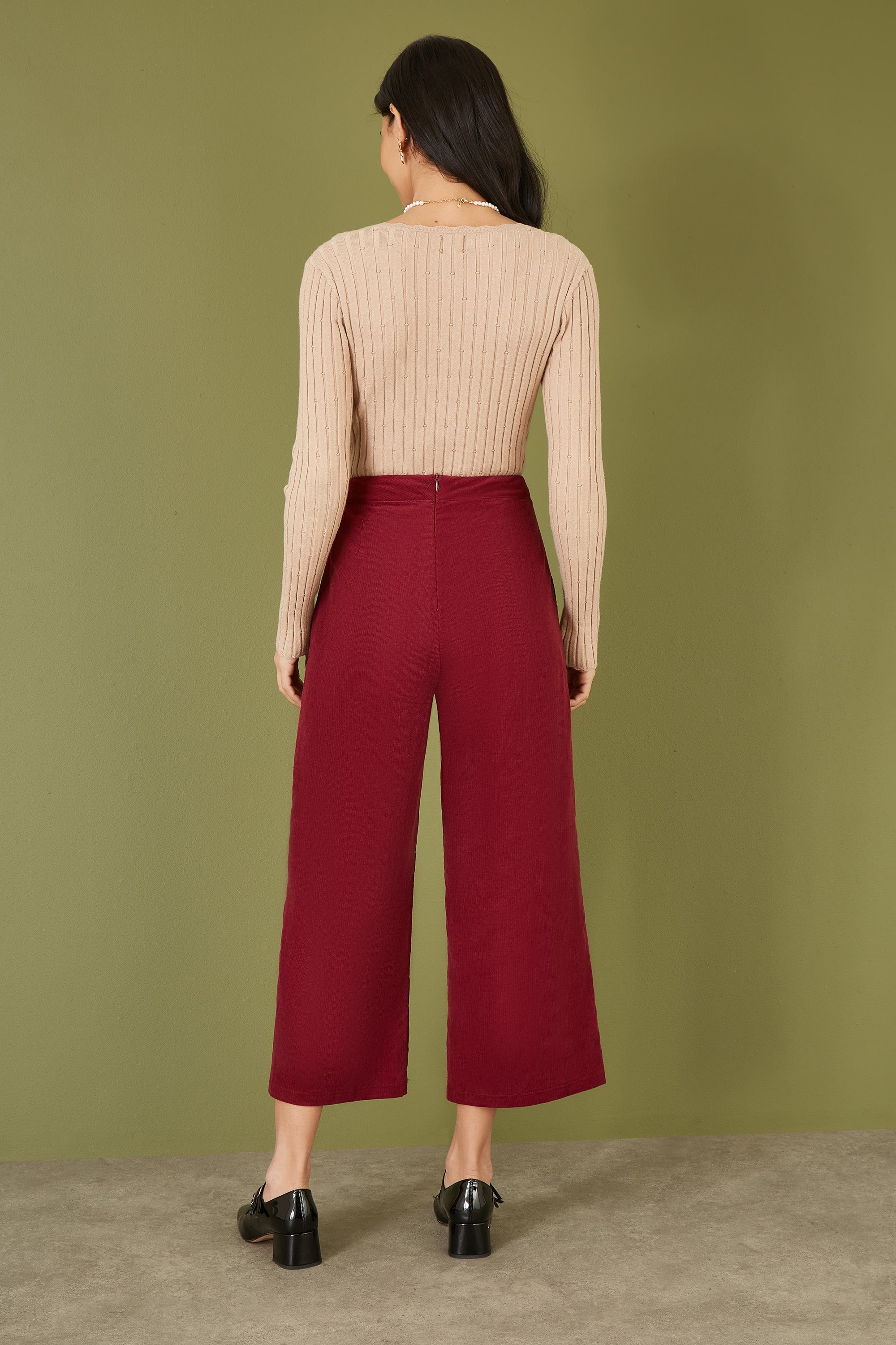 Yumi Burgundy Cord Cropped Wide Leg Trousers with Pockets