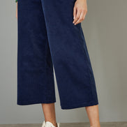 Yumi Navy Cord Cropped Wide Leg Trousers with Pockets