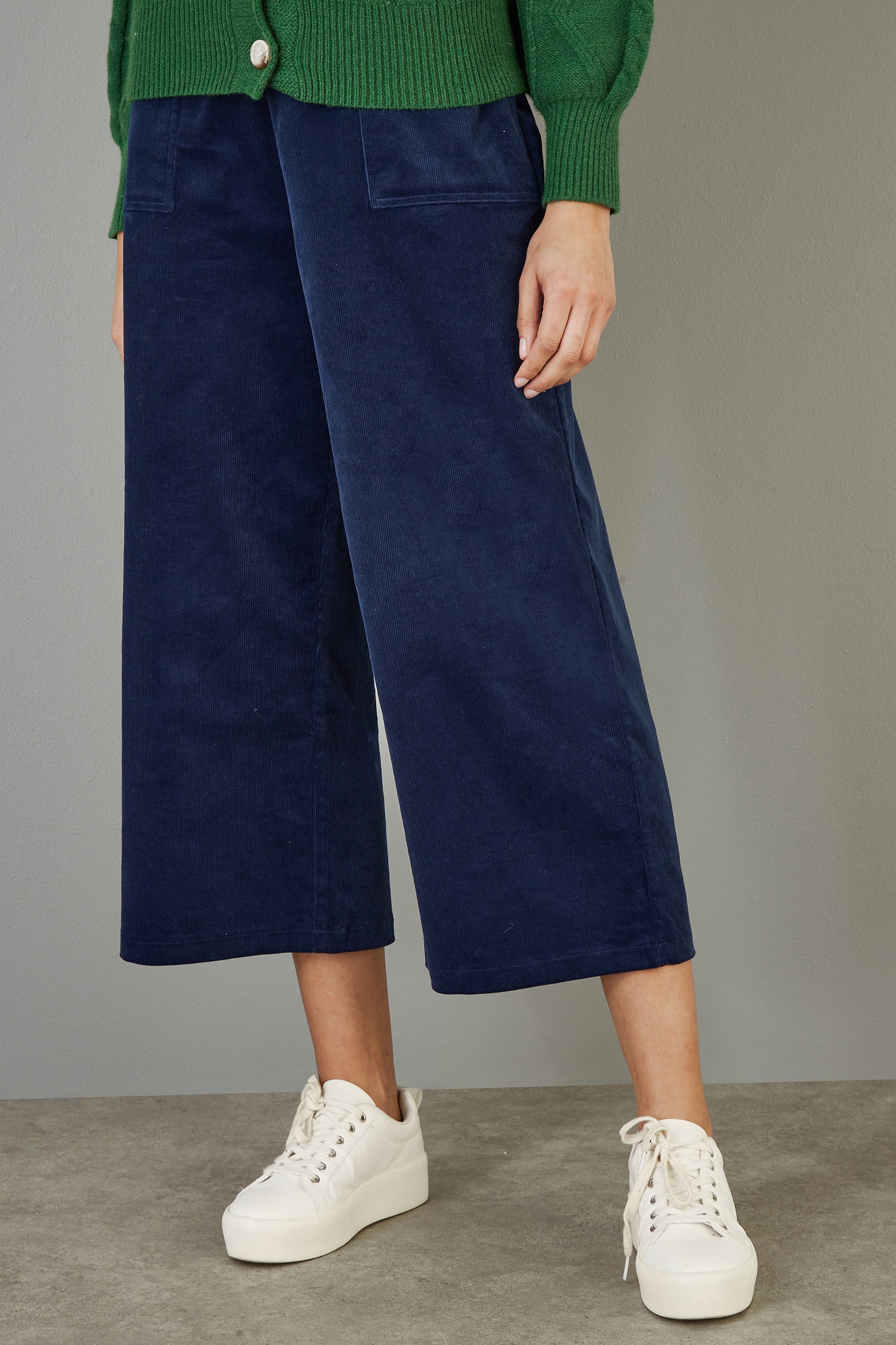 Yumi Navy Cord Cropped Wide Leg Trousers with Pockets