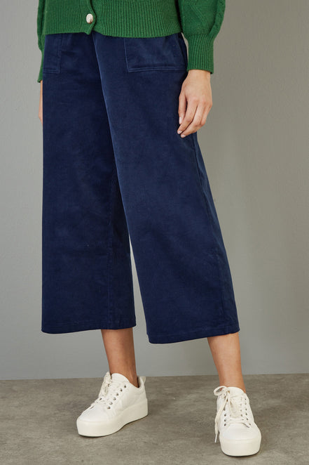 Yumi Navy Cord Cropped Wide Leg Trousers with Pockets