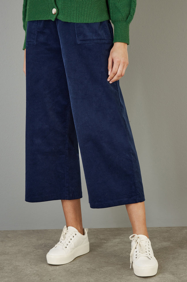 Yumi Navy Cord Cropped Wide Leg Trousers with Pockets
