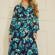 Yumi Blue Floral Mesh Wrap Dress with Long Sleeves