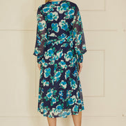 Yumi Blue Floral Mesh Wrap Dress with Long Sleeves