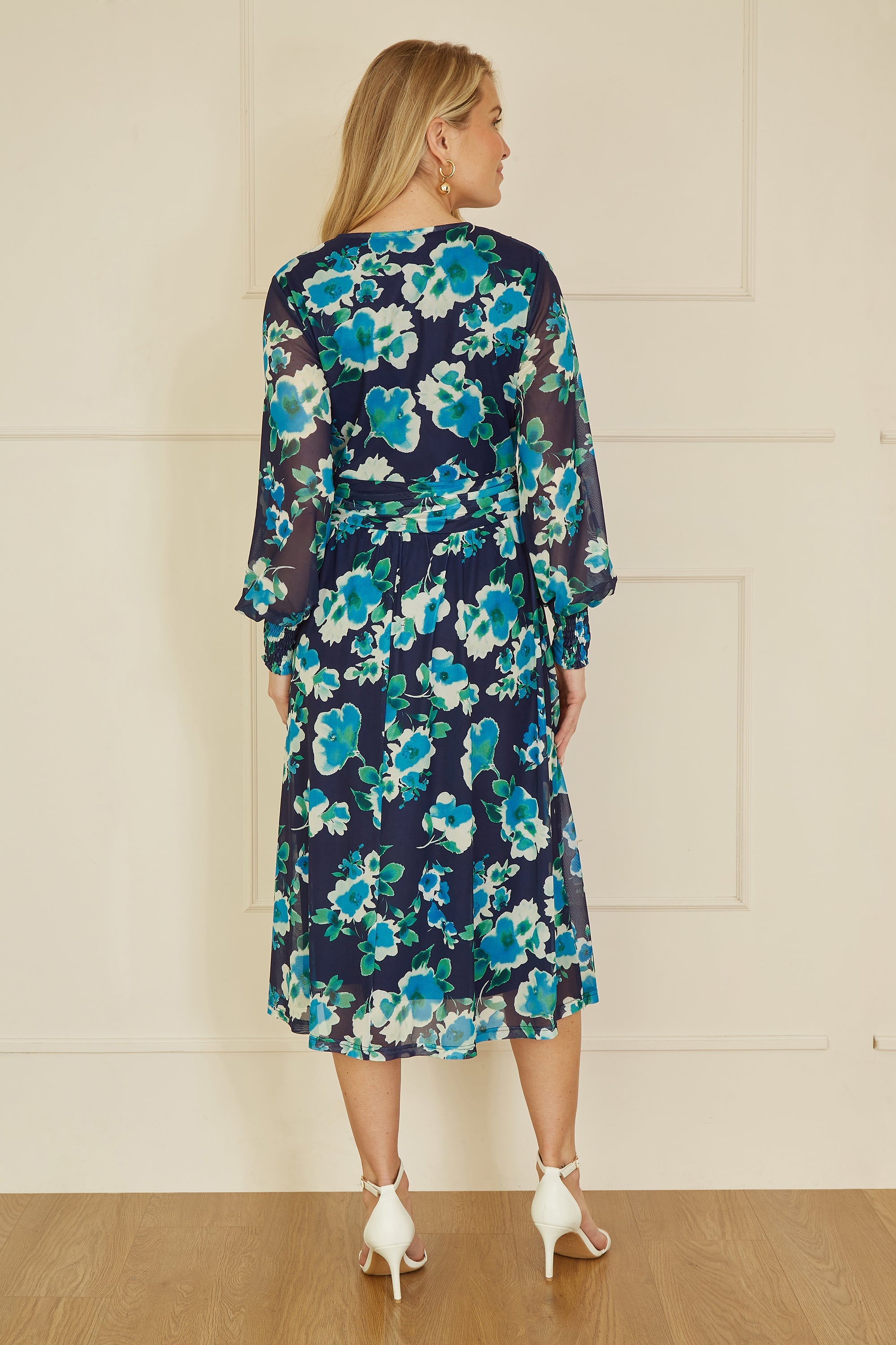 Yumi Blue Floral Mesh Wrap Dress with Long Sleeves
