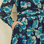 Yumi Blue Floral Mesh Wrap Dress with Long Sleeves
