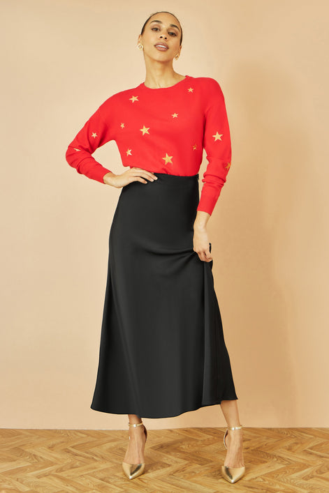 Yumi Black Satin Midi Skirt