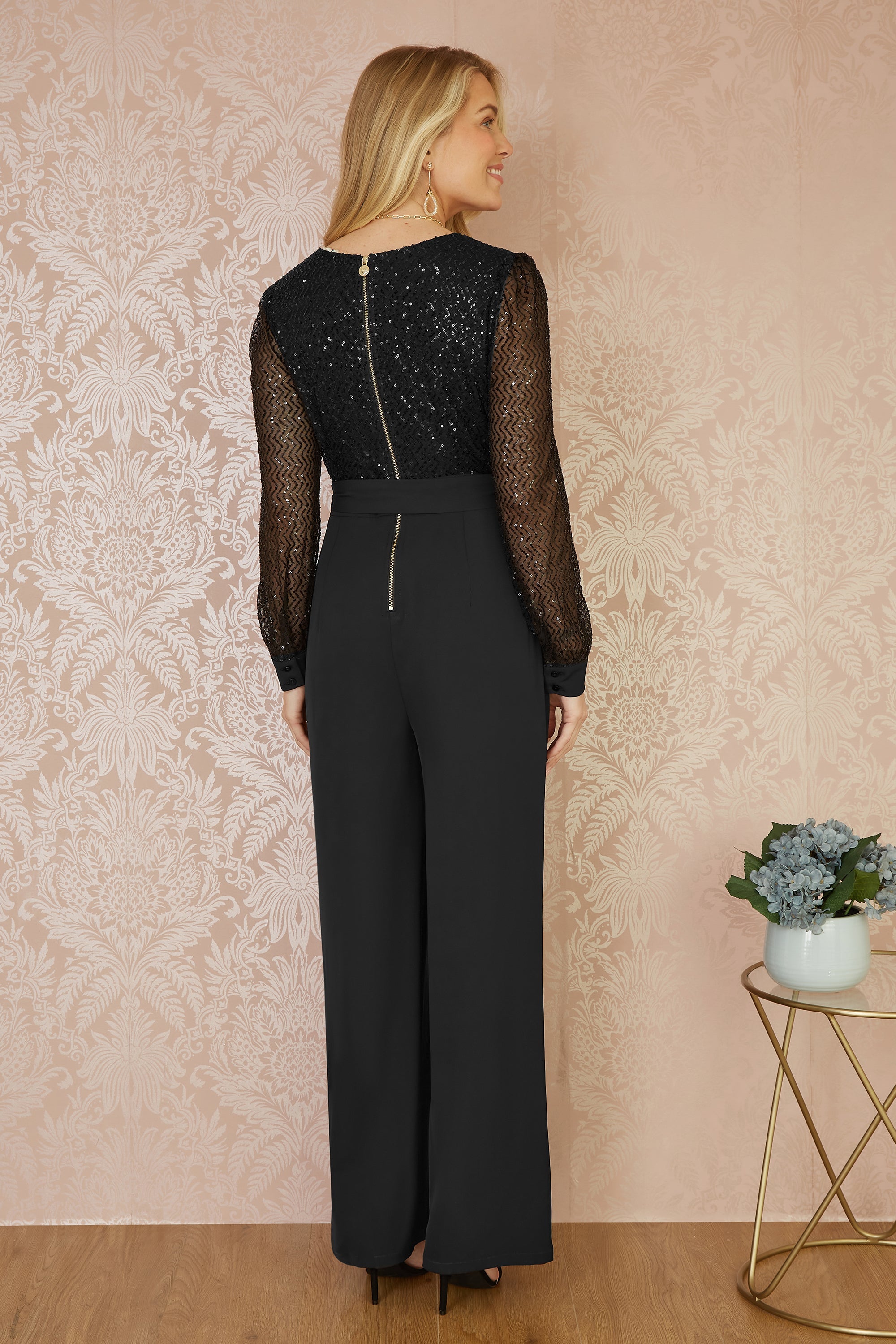 Yumi Black Sequin Jumpsuit with Long Sleeves