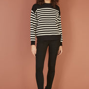 Yumi Black Stripe Knitted Relaxed Jumper with Button Details