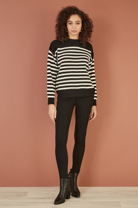 Yumi Black Stripe Knitted Relaxed Jumper with Button Details